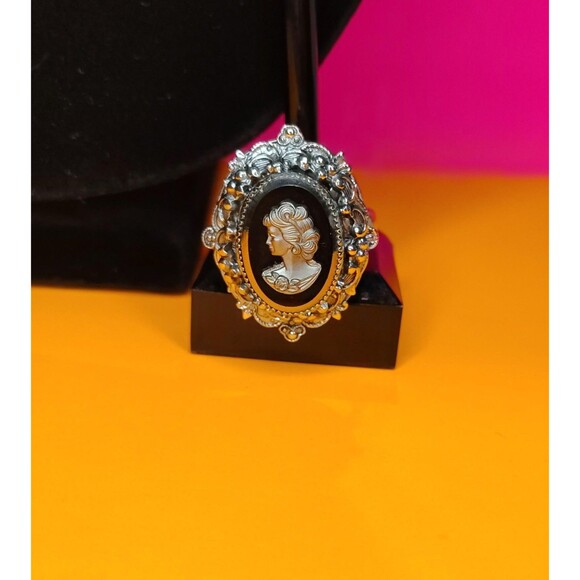 Vintage Whiting Davis Cameo Necklace Ring Earrings Set Silver Tone Jewelry Onyx - Picture 4 of 16